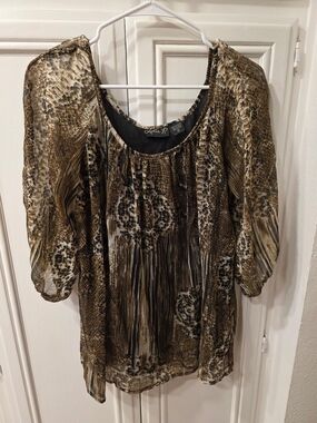 Lola P. Women's Brown Animal Print Peasant Top ~ Size Medium